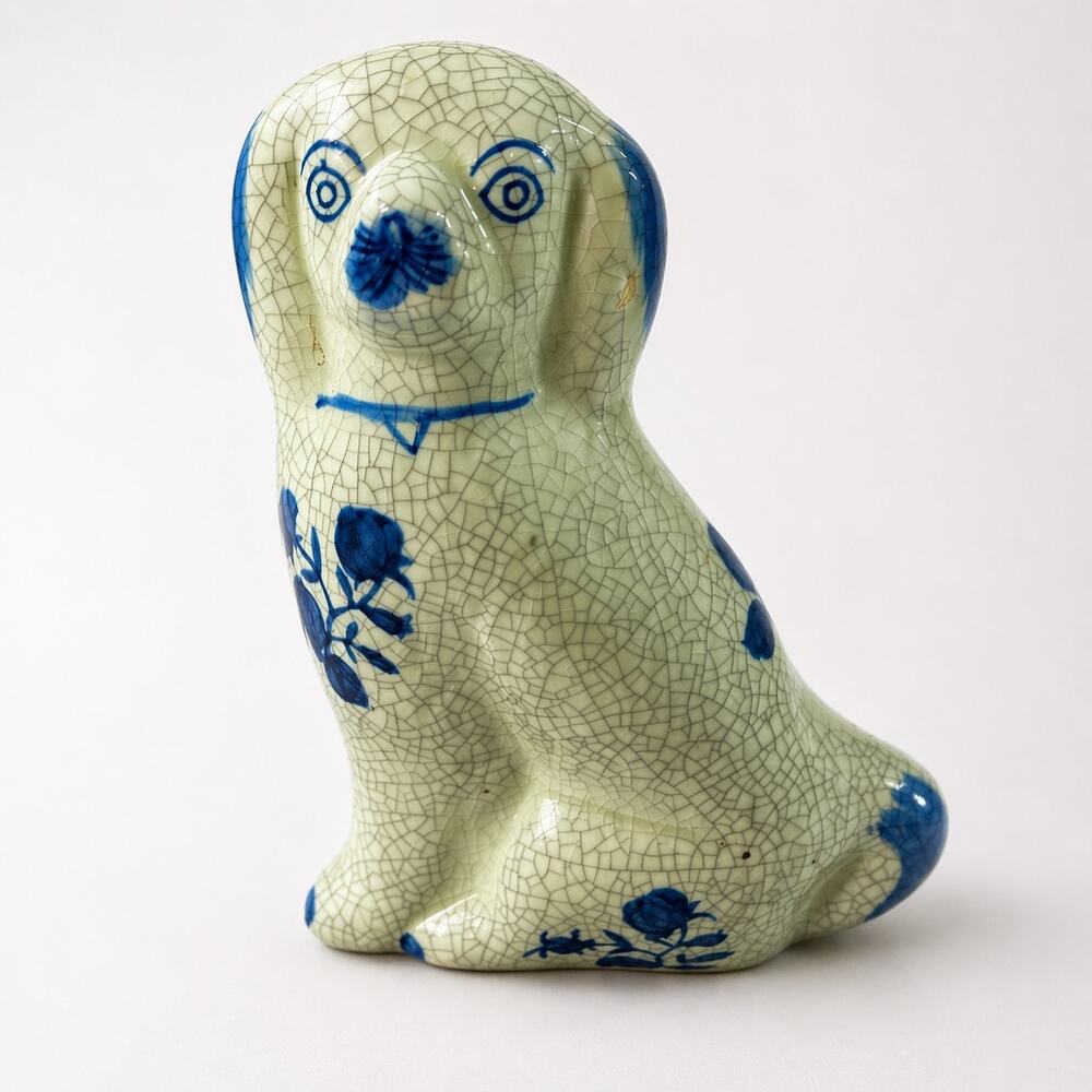 Vintage Crackle Glaze Ceramic Dog Figurine Blue White Floral Pottery Decor
